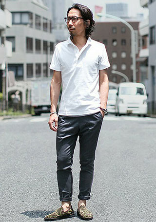 パイルポロシャツ着こなし